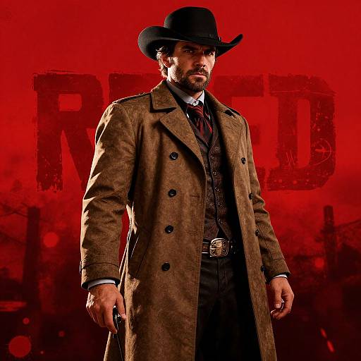 Photograph of a rugged man in a brown overcoat, black hat, and red tie, standing against a bold red background with 