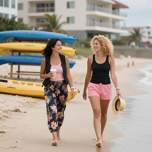 Two Women Walking on Beach with Kayaks
