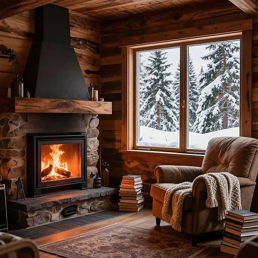 Cozy log cabin living room with roaring fireplace, stone chimney, wooden walls, large window showing snowy forest, brown armchair, stacked books, and