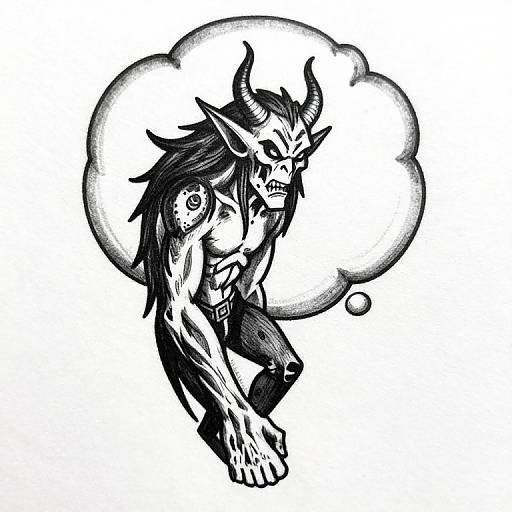 Black and white digital drawing of a muscular, horned demon with long hair, crouching in a thought bubble, wearing pants.