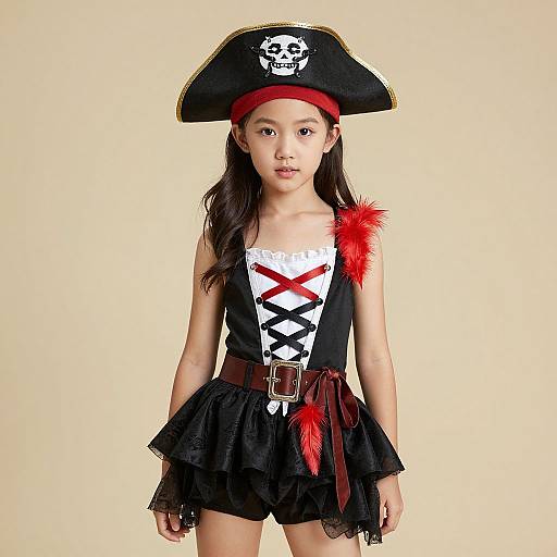 Photograph of an Asian girl in a pirate costume: black dress with white lace, red crisscross, black hat with skull, red feather accents