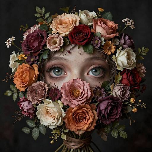 Photograph of a woman's face partially hidden by a vibrant, detailed floral crown with roses, dahlias, and greenery against a dark background.