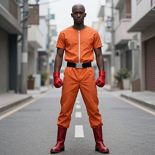 Photorealistic digital art of a muscular Black man in orange jumpsuit, red gloves, boots, and belt, standing confidently on an urban street.