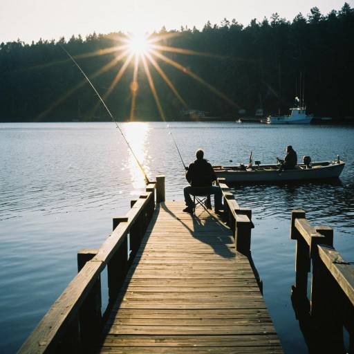 Morning fishing on tranquil lake dock