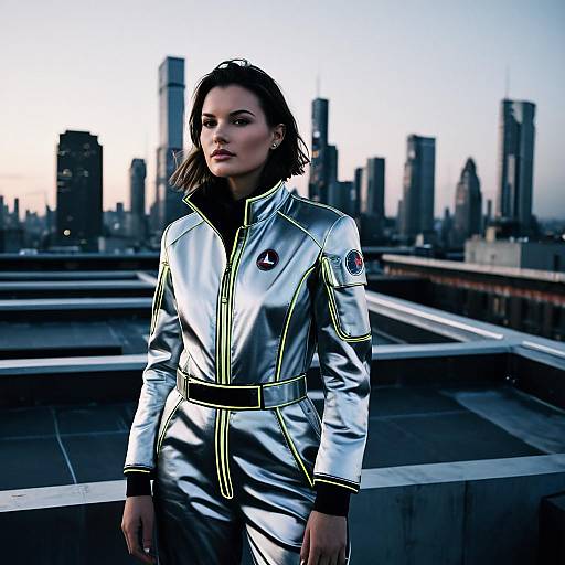 Young Woman in Futuristic Silver Jumpsuit on City Rooftop