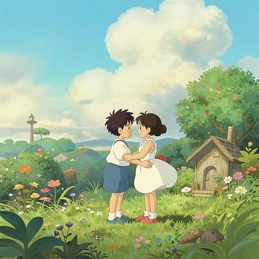 Digital anime-style illustration of two children, a boy in blue shorts and white shirt, and a girl in white dress, kissing in a vibrant, flower
