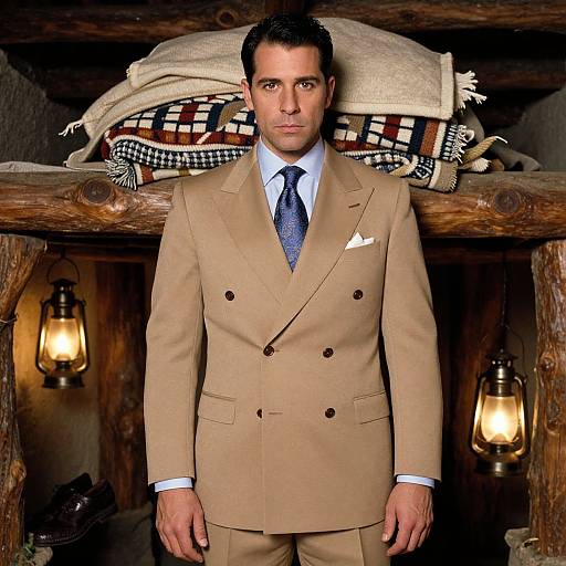 Photograph of a serious, dark-haired man in a tan double-breasted suit with a blue tie, standing in a rustic wooden room with lanterns
