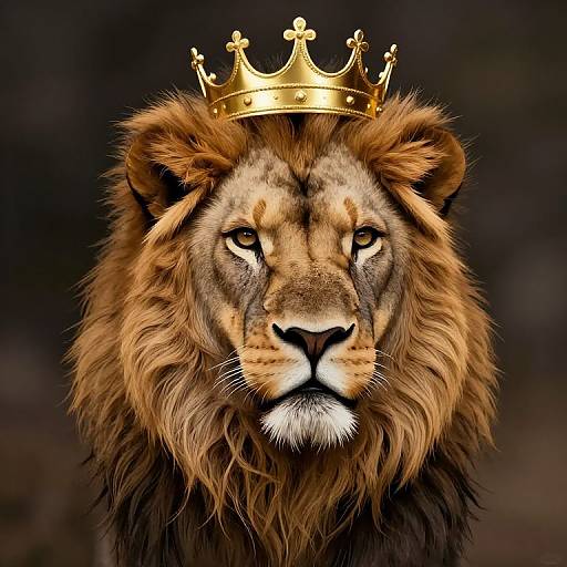Photorealistic digital artwork of a majestic lion with a golden crown, centered against a dark, blurred background, emphasizing regal presence.