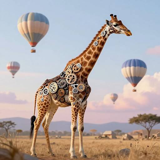 Photorealistic image of a giraffe with intricate black-and-white patterns standing in a savanna, with two colorful hot air balloons in the blue sky
