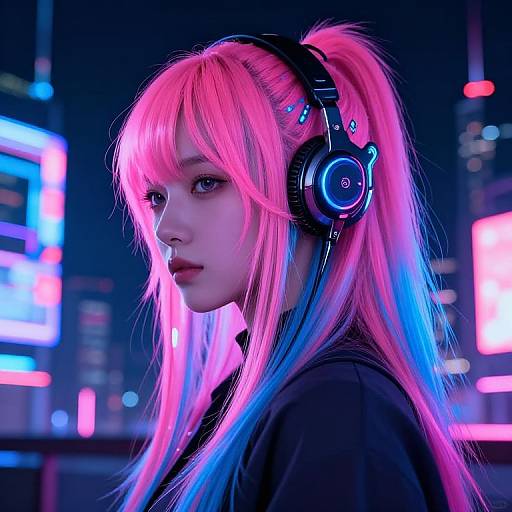 Neon-lit photograph of a young woman with vibrant pink and blue hair, wearing black headphones, looking over her shoulder in a cyberpunk cityscape