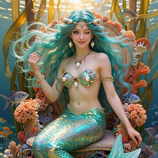 Digital art of a mermaid with long turquoise hair, shimmering green-gold tail, seashell bra, sitting on a coral throne undersea