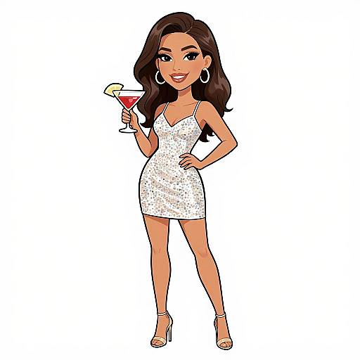Cartoon-style drawing of a confident, smiling woman with long dark hair, wearing a white sparkling mini dress, holding a martini with a lemon twist