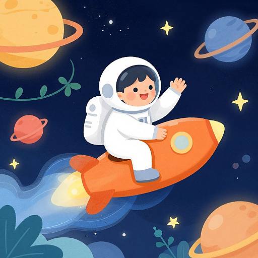 Happy Child Astronaut on Orange Rocket