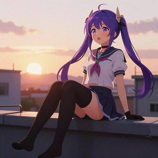 Aether Inspired Purple Twin-Tails Rooftop Sunset