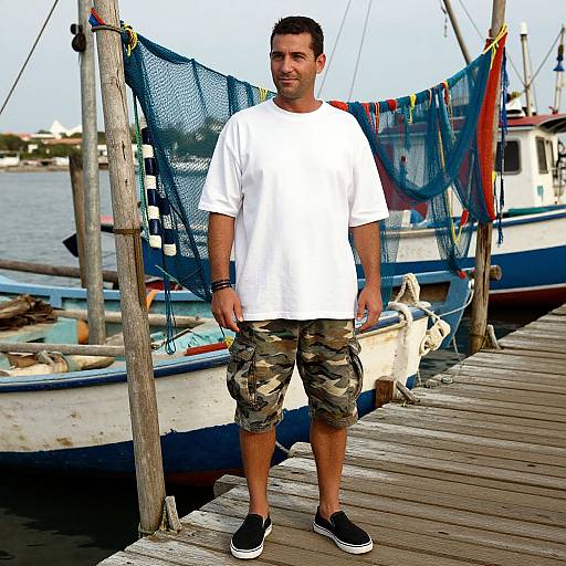 Photograph of a smiling man with short dark hair, wearing a white t-shirt, camouflage shorts, black sneakers, standing on a wooden dock with fishing