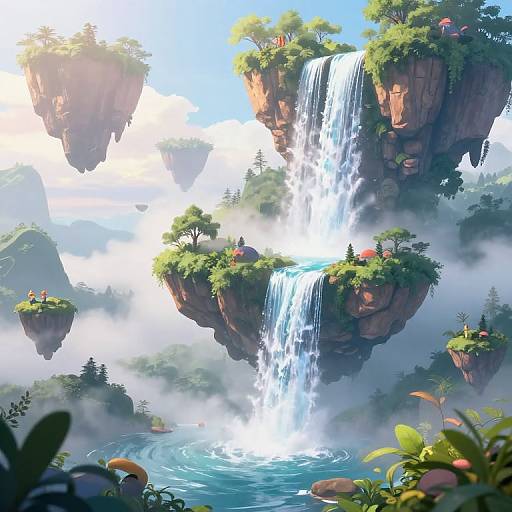 Digital fantasy artwork of floating islands with lush greenery and waterfalls cascading into misty blue waters, featuring small figures and vibrant flora.