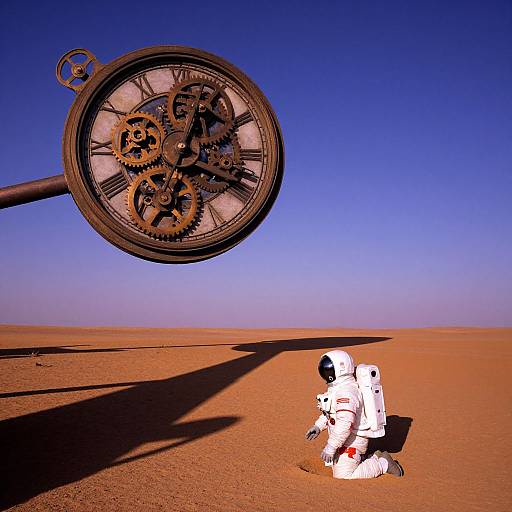 Photograph of an astronaut kneeling on a desert, with a large, detailed clock mechanism looming overhead in a clear blue sky.