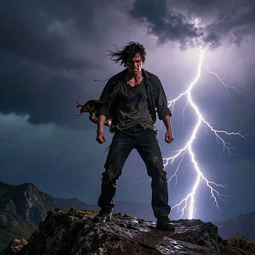 Angry Man on Stormy Mountain Cliff