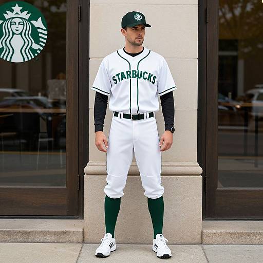 Photograph of a male baseball player in white Seattle Mariners uniform, black cap, green socks, standing in front of Starbucks storefront.