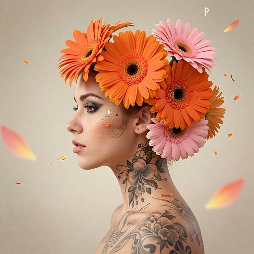 Digital portrait of a tattooed woman with vibrant orange and pink gerbera daisies in her hair, light background, petals floating.