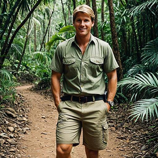 Man in Explorer Outfit Standing on Jungle Path