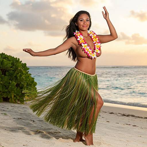 Photograph of a topless, dark-skinned woman with long black hair, wearing a colorful flower lei and green grass skirt, dancing on a sandy