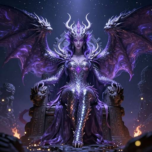 Digital art of a fierce, purple-skinned, winged demon queen with glowing silver armor, horns, and a dark throne, surrounded by fiery torch