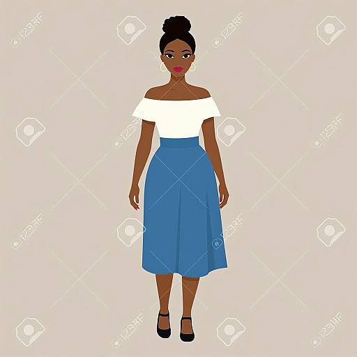 Digital illustration of a dark-skinned woman with a high bun, wearing an off-shoulder white top, blue skirt, and black heels, standing