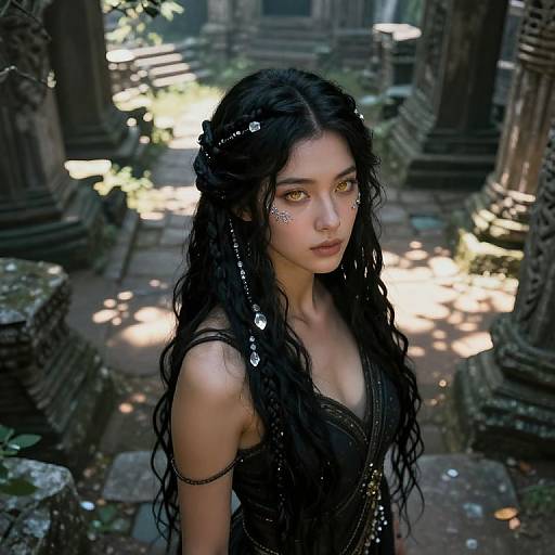 Photorealistic digital artwork of a young woman with long, wavy black hair, golden eyes, and intricate facial paint, standing among ancient, sun