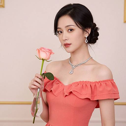 Photograph of an Asian woman with black hair in an updo, wearing an off-shoulder coral dress and silver necklace, holding a pink rose