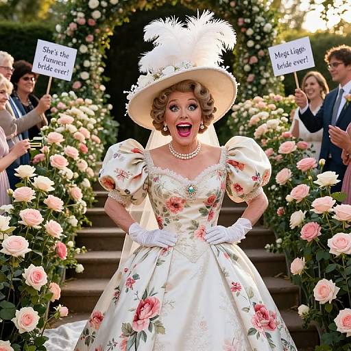 Photograph of a surprised, blonde woman in a floral, puffed-sleeve, white dress with feathered hat, surrounded by rose bushes,