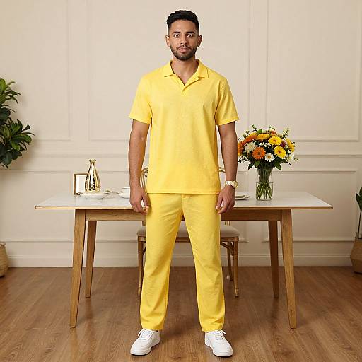 Photograph of a handsome Black man with short hair and beard, wearing a bright yellow polo shirt and pants, standing in a modern white-walled room