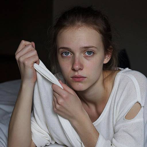 Photograph of a pale, young woman with blue eyes, wearing a white, torn sweater, holding the fabric close to her face, in a dim