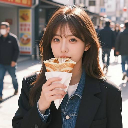 Asian Woman Enjoying a Crepe Outdoors