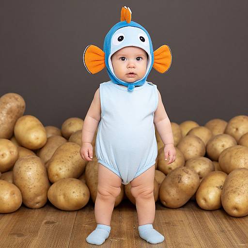 Photograph of a baby in a white fish costume with orange fin-like ears, standing on wooden floor with a pile of potatoes against a dark background.