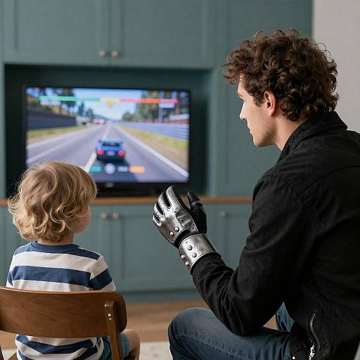 Curly-Haired Man Watching Racing Game