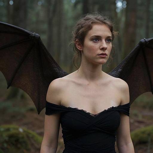 Winged Woman in Black Dress Forest