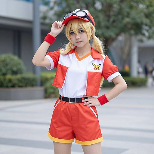 Photorealistic CGI of a blonde woman in a red and white sporty cosplay outfit, with pigtails, goggles on her hat, and a