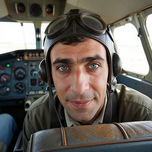 Photograph of a smiling, blue-eyed man with light skin and short dark hair, wearing a leather aviator helmet and goggles, sitting in a cockpit