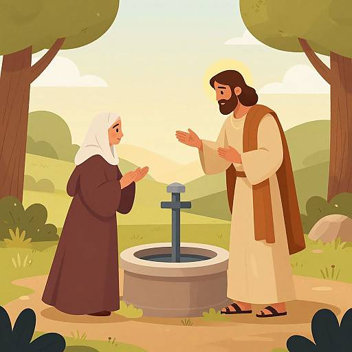 Illustration of a bearded Jesus in white robe and brown shawl, blessing a nun in black habit by a stone fountain with a cross. Green