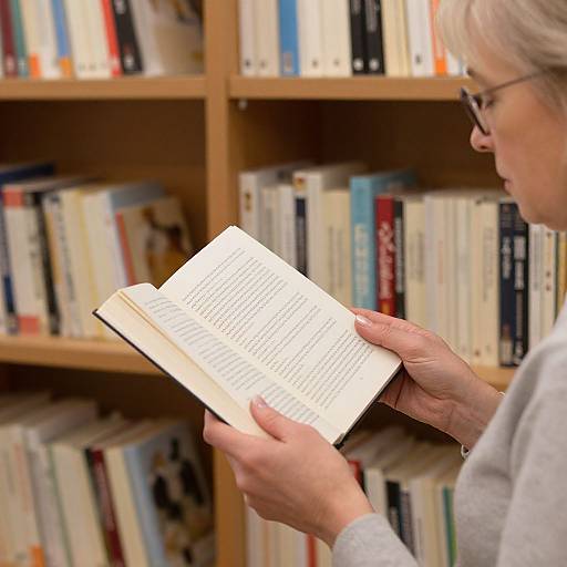 Elderly woman with glasses reads book in library, holding it with both hands, surrounded by colorful bookshelves. (Photograph)
