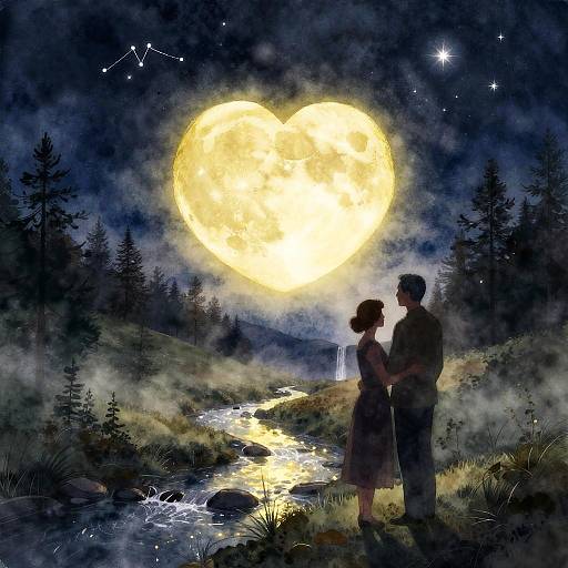 Romantic Lovers Beneath Heart Moon