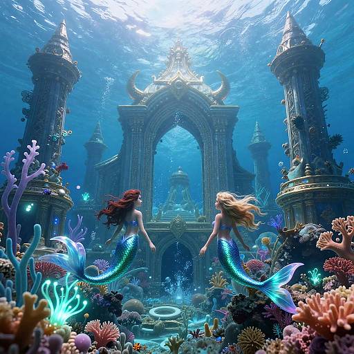 Digital artwork of a mermaid with long red hair and blue-green scales, swimming towards an underwater, ancient temple with two towers. Vibrant coral and