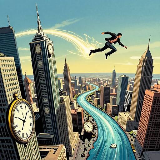 Digital comic-style illustration: A man in a black suit and tie leaps from a clock tower, soaring above a cityscape with a bright blue, winding