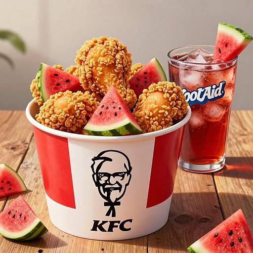 Photograph of a red-and-white KFC bucket filled with crispy fried chicken nuggets, watermelon slices, and a glass of iced tea with