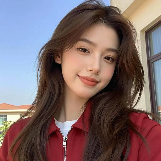 Smiling Woman in Red Jacket Under Blue Sky