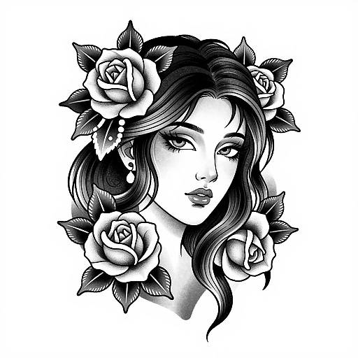 Black-and-white digital drawing of a woman with wavy hair adorned with roses, featuring detailed shading and floral accents.