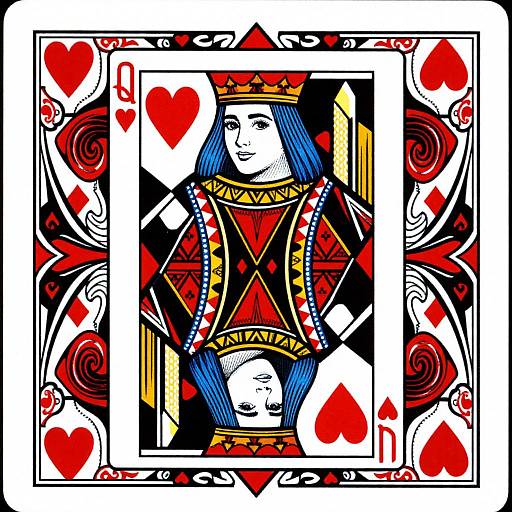 Digital illustration of a Queen of Hearts playing card with vibrant red hearts, blue-haired queen in regal attire, white background, intricate black and red border