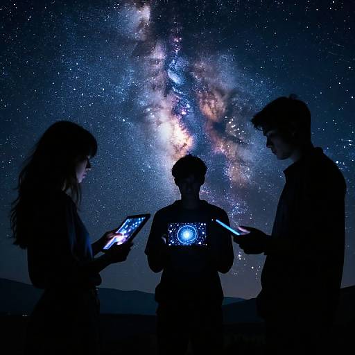 Silhouetted trio of people holding glowing tablets against a stunning Milky Way backdrop, star-filled night sky, deep blue and white hues.