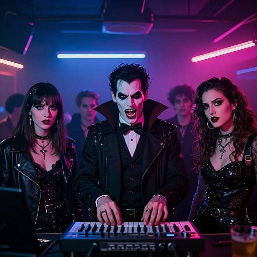 Photograph of three gothic, dark-haired performers in black leather and sequin outfits, fronted by a pale, makeup-covered male lead playing a